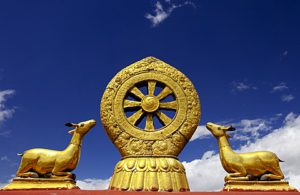 A golden dharma wheel and deer sculptures on the sacred  Jokhang Temple roof, Barkhor Square, Lhasa, Tibet, China